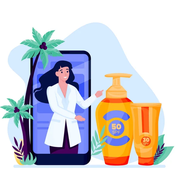 Cosmetologist Online Consultation Doctor Recommends Using Sunblock Cosmetics Sunscreen Bottle — Stock Vector