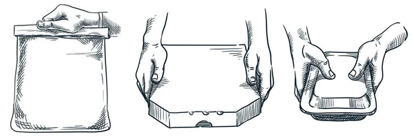 Уберите Пакеты Едой Человеческая Рука Пластиковой Коробкой Ланча Бумажным Пакетом — стоковый вектор