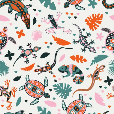 Seamless pattern with reptiles and tropical leaves. Vector illustration of lizard, chameleon, sea turtle with aztec tribal symbols. Summer colorful animal background. Kids fashion textile print design