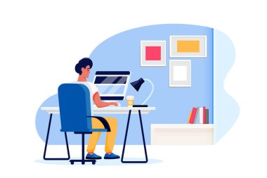 Male works in office or in home. Young man freelancer sitting at the table and using computer. Vector flat cartoon businessman character illustration. Online education or remote work concept