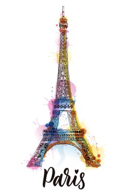 Paris posteri, tebrik kartı, el yazısıyla çizilmiş el yazısı. Renkli suluboya sırtlı Eyfel Kulesi 'nin vektör çizimi. Fransa 'nın ünlü sembolü beyaza izole edilmiş