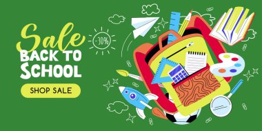 Üzerinde uçan roket, kitaplar, kalemler ve kırtasiye kağıtları olan renkli bir okul çantası. Okul satışı afişi ya da poster tasarım şablonu. Vektör düz çizgi film çizimi. Eğitim ve eğitim kavramı