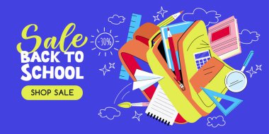 Uçuş kitapları, kalemler ve kırtasiyelerle dolu okul çantalarını aç. Vektör düz çizgi film çizimi. Eğitim ve eğitim kavramı. Okul satışı afişi ya da poster tasarım şablonu