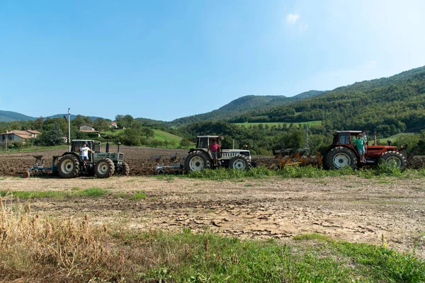 Eylül 2020, Calestano Parma, İtalya. Tarlayı süren üç traktör. Aynı galaksi 170. Hurlimann h 6170. Aynı Lamborghini 1706.