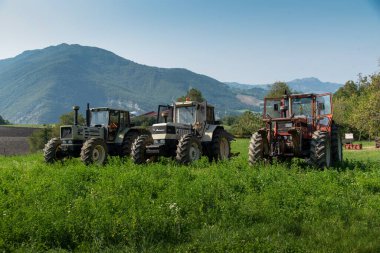 Eylül 2020, Calestano Parma, İtalya. Üç traktör. Aynı galaksi 170. Hurlimann h 6170. Aynı Lamborghini 1706.