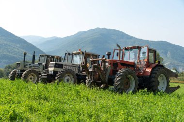 Eylül 2020, Calestano Parma, İtalya. Üç traktör. Aynı galaksi 170. Hurlimann h 6170. Aynı Lamborghini 1706.