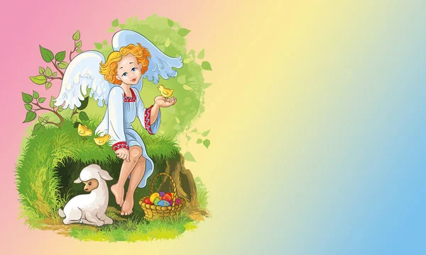 Kleiner Blonder Engel Mit Schafen Vögeln Und Ostereiern Auf Dem — Stockfoto