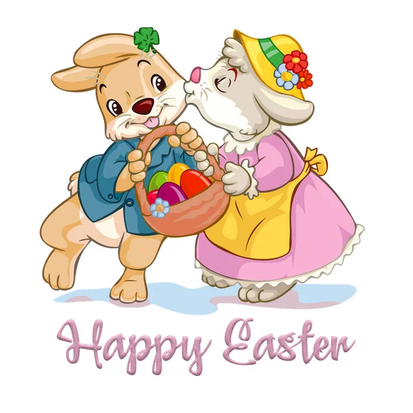 Image Drawing Depicting Bunny Kissing Bunny Basket Easter Eggs Happy — Stock Photo, Image