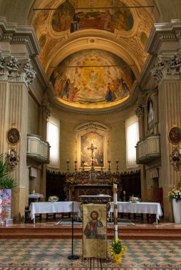 Italy, May 2022, Interior of the church of Quattro Castella, decorated for the first communion