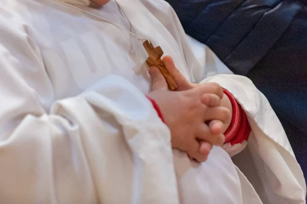 Italy May 2022 Child Hands Play Cross Given Him Day — 图库照片