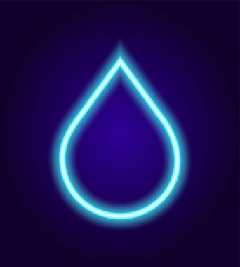 Neon su damlası. Karanlıkta parlayan sıvı işareti koyu arkaplanda mavinin neon bir çizgisi. Vektör izole temizlik sembolü. Konsept tasarım için yakın plan. Vektör, çizim. Su damlası ikonu. İzole vektör. Sıvı bırakma simgesi. Eko konsepti. E