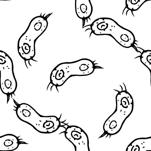 一种涂鸦细菌的模式 白色上有黑色轮廓的手绘涂鸦型病毒细菌的无缝隙模式 Microbe分离的椭圆形不规则形状 侧面有圆点和圆点的纹理 有短的触角 供医学设计用 — 图库矢量图片