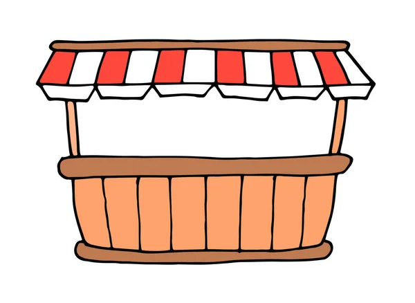 Banchi di stallo in stile piatto. Un mercato alimentare in stile doodle, un bancone in legno con una tenda a strisce rossa e bianca, con un contorno nero sul bianco per un modello di design — Vettoriale Stock