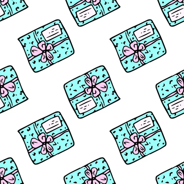 A pattern from a turquoise gift box with a pink bow. seamless pattern in turquoise packaging with a pattern of wavy lines and dots with a ribbon bow on top, in the style of a doodle for a design — Stock Vector