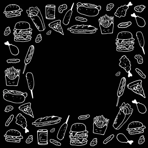 UN TEMPLATO dal fast food. Modello quadrato di gelato, croissant, pizza, hamburger, panini, hot dog, stile doodle, contorno isolato bianco su nero con spazio quadrato vuoto per la progettazione del ristorante — Vettoriale Stock