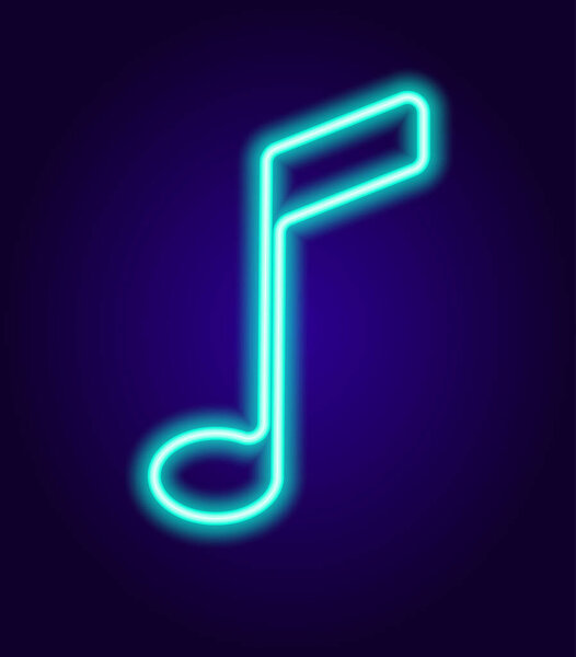 Neon musical note sign. Glowing in the dark NEON sign of the eighth note is a line of blue color. isolated blue contour is a musical symbol. Classic art icon with neon note blue on light background. Vector design art. Vector concept. Entertainment co
