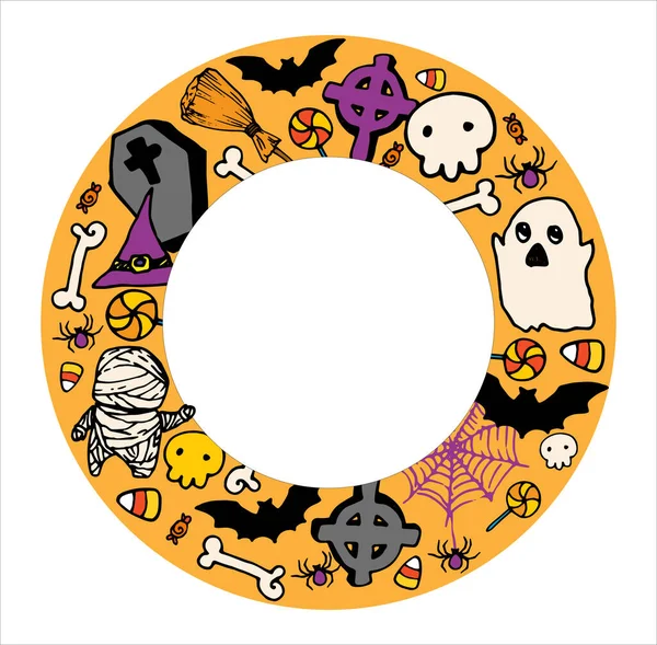 Kulatý Rám Pro Halloween Kresleném Stylu Kulaté Jasně Zbarvené Čmáranice — Stockový vektor