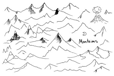 Yanardağı olan bir dizi dağ zirvesi. Beyaz dağ sıraları üzerinde el çizimi siyah çizgi tasarım şablonu için basit karalama tarzı çizim. Pankart tasarımı için çizilmiş çizim dağları. İzole edilmiş sınır elementlerinin vektör kümesi dağ zirveleri