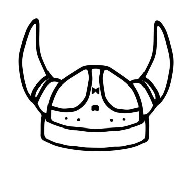 Boynuzlu Viking miğferi. Önü boynuzlu klasik İskandinav miğferi, tasarım şablonu için beyaz üzerine izole edilmiş siyah çizgi. Siyah karalama Viking kasklı çizgi film ikonu. El çizimi stili. Çizgi film vektörü. El yapımı tasarım. Vektör grafiği
