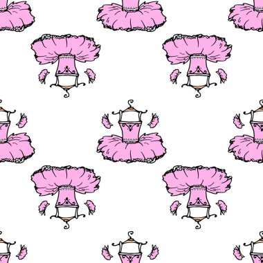 Askıdaki balerin eteğinden bir desen. Askıda asılı elle çizilmiş pembe bir balerin elbisesi, genelde şablon olarak beyaza takılır. Beyaz arkaplanda siyah karalama bale eteği asılı klasik eskiz ikonu. Askılar üzerine izole edilmiş vektör element balesi eteği 