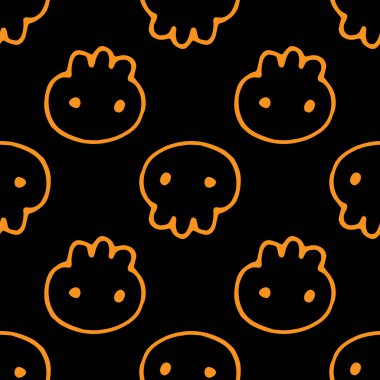 Cadılar Bayramı için kusursuz turuncu kafatası deseni. Karalama tarzında çizilmiş şirin bir kafatasının vektör deseni nokta gözlü ve bir Cadılar Bayramı şablonu için siyah arka planda turuncu çizgili. Cadılar Bayramı için kusursuz bir kafatası şekli. Vektör p