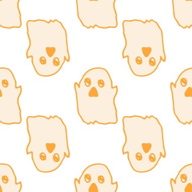 Turuncu çizgili bir hayaletin kusursuz şekli. El çizimi uçan şirin bir hayalet. Beyaz bir gülüşü ve beyaz bir arkaplanda turuncu bir çizgisi var. Cadılar Bayramı için tasarlanmış bir şablon. Bir hayaletin kusursuz bir deseni.