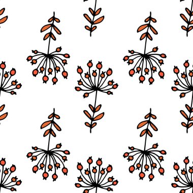 Kırmızı böğürtlenli dal deseni. Turuncu yapraklı ve böğürtlenli, pürüzsüz bir dal deseni, siyah çizgili bir buket kırmızı renk, doğal orman ambalaj tasarım şablonu için genellikle beyaz arka plana yerleştirilir. Bir dalın vektör deseni