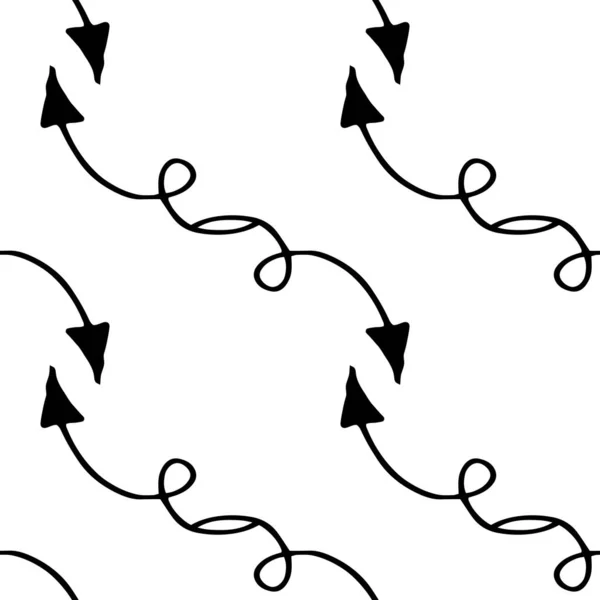 矢量箭 箭头的图案 在设计模板的白色背景上放置了一个由手工绘制的带有弧形螺旋黑色轮廓的涂鸦形箭头的无缝图案 商业概念 — 图库矢量图片