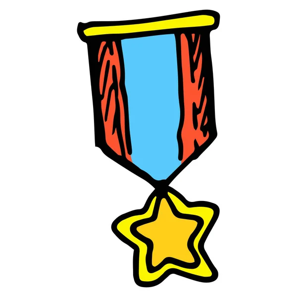 De ster van de gouden medaille op het lint in vlakke stijl. Vectorpatroon van een medaille met rode en blauwe strepen en een gouden ster. een met de hand getekend lint met drie strepen en een gouden ster in de stijl van — Stockvector
