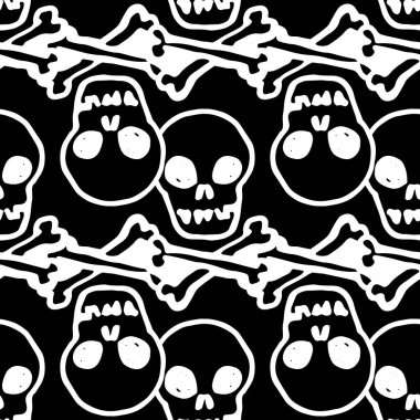 Kusursuz kafatası ve çapraz kemik deseni. Elle çizilmiş, çapraz kemikli bir insan kafatası deseni. Tasarım şablonu için siyah arka planda genellikle yatay çizgilerle çizilmiş beyaz bir taslak. Tasarım için siyah arkaplan üzerine el çizimi beyaz iskelet ana hatları