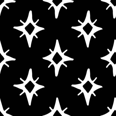 Çizgileri olan dört kenarlı bir yıldızın deseni. Simli sembolün soyut, dikişsiz deseni, eğri kenarlı elmas şekilli desen ve çizgilerin deseni, beyaz renk, bir tasarım şablonu için siyah bir arkaplan üzerinde geometrik olarak düzenlenmiş. - Vektör dokunuşu