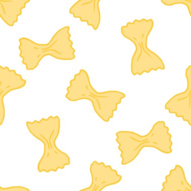 Düz bir şekilde farfalle macunu deseni. Sarı yaylı el yapımı yapıştırıcının kusursuz deseni, ambalaj, etiket ve menüler için bir tasarım şablonu tasarlamak üzere rastgele beyaz bir arkaplan üzerine yerleştirilmiş. Düz bir şekilde farfalle makarnasının vektör deseni. Kusursuz desen o