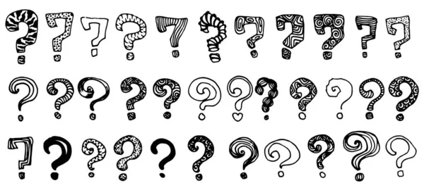 Una Serie Punti Interrogativi Disegnati Disegnato Mano Stile Doodle Collezione — Vettoriale Stock