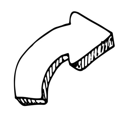 Oku çevir, el çizimi üç boyutlu bir ok, beyaz arkaplanda siyah bir ana hatla karalama şeklinde. Ok tasarım şablonu için hareketin yönünü gösterir. Beyaz arkaplanda klasik eskiz siyah simgesi