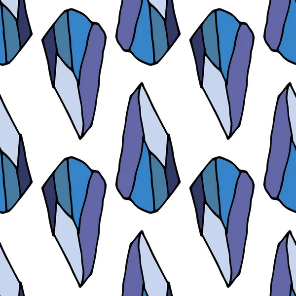 Patrón de cristal azul en estilo plano. Un patrón sin costuras de un mineral dibujado a mano de azul brillante, con facetas de color gris y púrpura se coloca al azar sobre un fondo blanco para una plantilla de diseño — Vector de stock