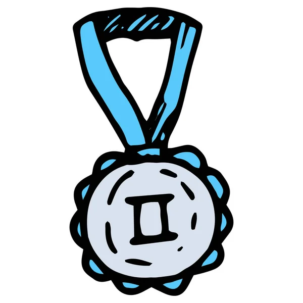 Icon Silver Medal Blue Ribbon Second Place Doodle Style Doodle — Stock Vector