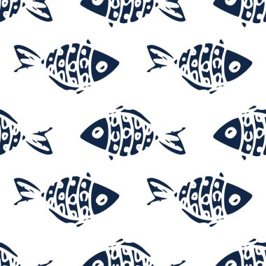 Koyu mavi balık deseni. Çizgi film tarzında çizilmiş kusursuz deniz balığı deseni, vektör tasarımı şablonu için beyaz arka planda farklı yatay yönlere dizilmiş nokta desenleri. Balığın şekli koyu mavi renktedir. Kusursuz bir vuruş.