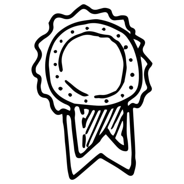 ベクトルメダルリボン リース付き ドアのスタイルで手描きの勝利記号 リボン付きの注文は デザインテンプレートの白の背景にある孤立した黒のアウトラインです 勝者のシンボルだ お祝いの装飾デザインのためのリボン ベクト — ストックベクタ