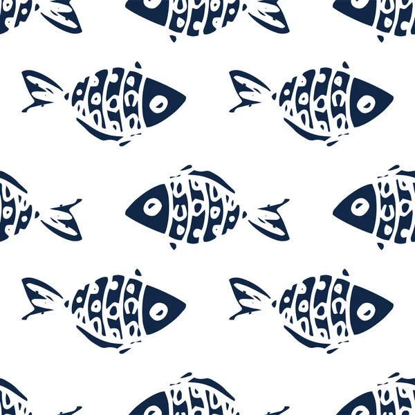 Patrón Pescado Azul Oscuro Patrón Sin Costuras Peces Mar Dibujado — Vector de stock