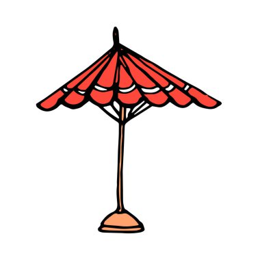 Vektör plajı kırmızı şemsiyesi. Kumsal kırmızı şemsiyesi. Bir standın üzerine kırmızı açık şemsiye şeklinde elle çizilmiş bir karalama, beyaz çizgili kırmızı, bir elementin izole edilmiş silueti ve ahşap çerçevede siyah bir çizim, bir tasarım şablonu için kenar görünüm