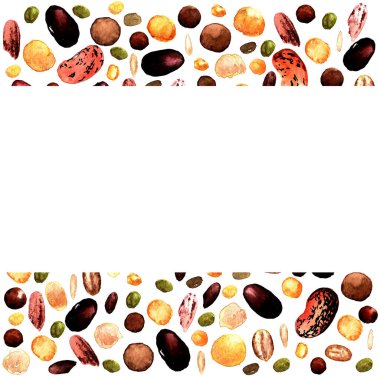 Beyaz arkaplandaki tohumların suluboya deseni. Kırmızı fasulye, bezelye, nohut, tohumlar, pirinç, patates püresi, yulaf ezmesi genellikle organik gıda paketleme şablonu için açık beyaz bir yatay alan ile beyaz üzerine düzenlenir. Suluboya g