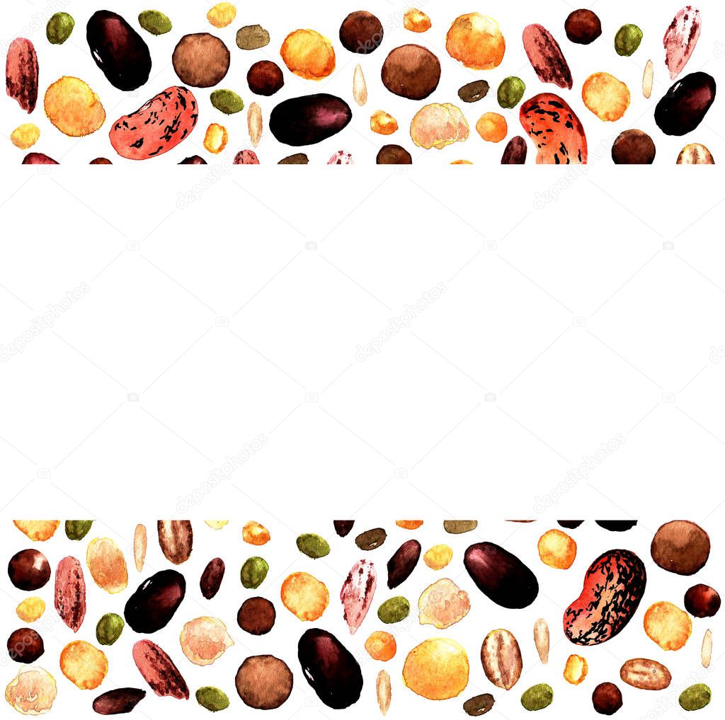 watercolor pattern of seeds on a white background. red beans, peas, chickpeas, seeds, rice, mashed potatoes, oatmeal are often arranged on white with a clear white horizontal space for text for the organic food design packaging template. Watercolor g