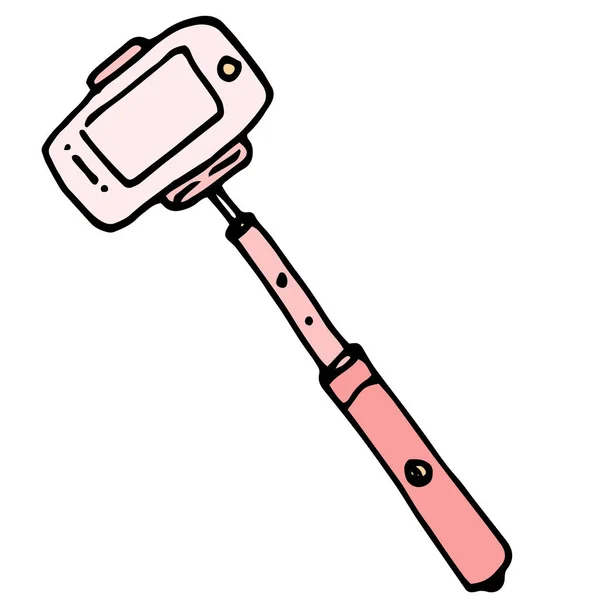 自撮り棒の模様です 棚から自撮りします 手描きのドアスタイルの自撮り棒でドアスタイルに携帯電話 ピンクのデザインテンプレートのための白い背景に — ストックベクタ