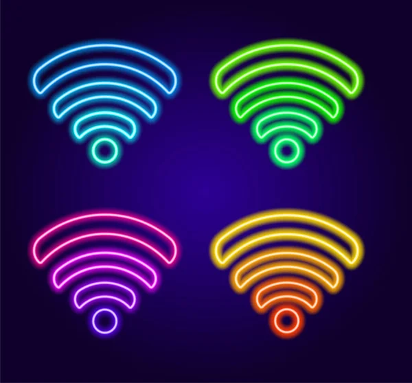 Wifi multicolorido de néon. O ícone Wi-Fi brilha no escuro com um gradiente brilhante de contorno azul, rosa violeta e amarelo em um fundo escuro para um modelo de design — Vetor de Stock