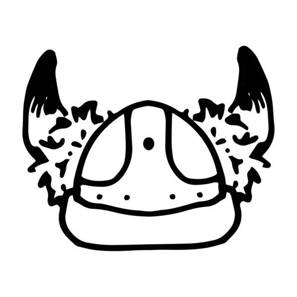 Viking helmet with horns. Vintage Scandinavian helmet with horns with fur and black ends in doodle style front view, isolated black outline on white for design template — Stock Vector