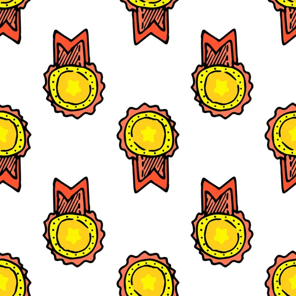 Gold medal pattern with ribbons. for the first place in the flat style, the seamless pattern of the order is drawn in the style of yellow round-shaped doodles with a star with red ribbons located on Vector Graphics