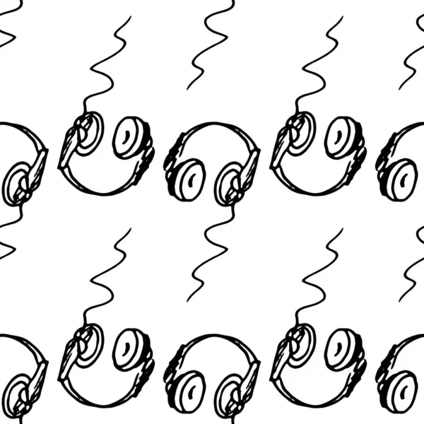 Modèle de casque. modèle sans couture d'écouteurs d'ordinateur dans le style de griffes dessinées à la main avec fil ondulé, contour noir isolé sur un fond blanc pour un modèle de conception d'étiquette, emballage — Image vectorielle