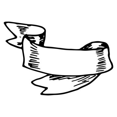 Sancak çizimi. Çapraz eğimli ve üçgen uçlu düzensiz vintage kurdeleden yapılmış izole afiş ögesi, yazı için boş bir arkaplan, etiket şablonu için boş bir beyaz arkaplan üzerindeki siyah ana hat