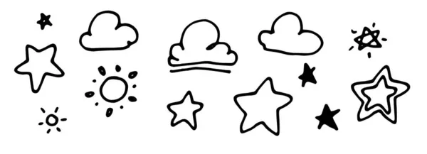 Icone di stelle e nuvole. set di sole isolato e stelle con nuvole, disegnati in stile doodle elementi di design vettoriale per bambini isolati contorno nero su bianco — Vettoriale Stock
