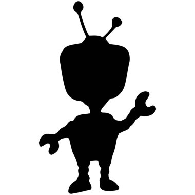 Robotun silueti. Elle çizilmiş karikatür, kolları ve bacakları antenli, siyah siluetli androidler tasarım şablonu için beyaz arka planda çalışır.